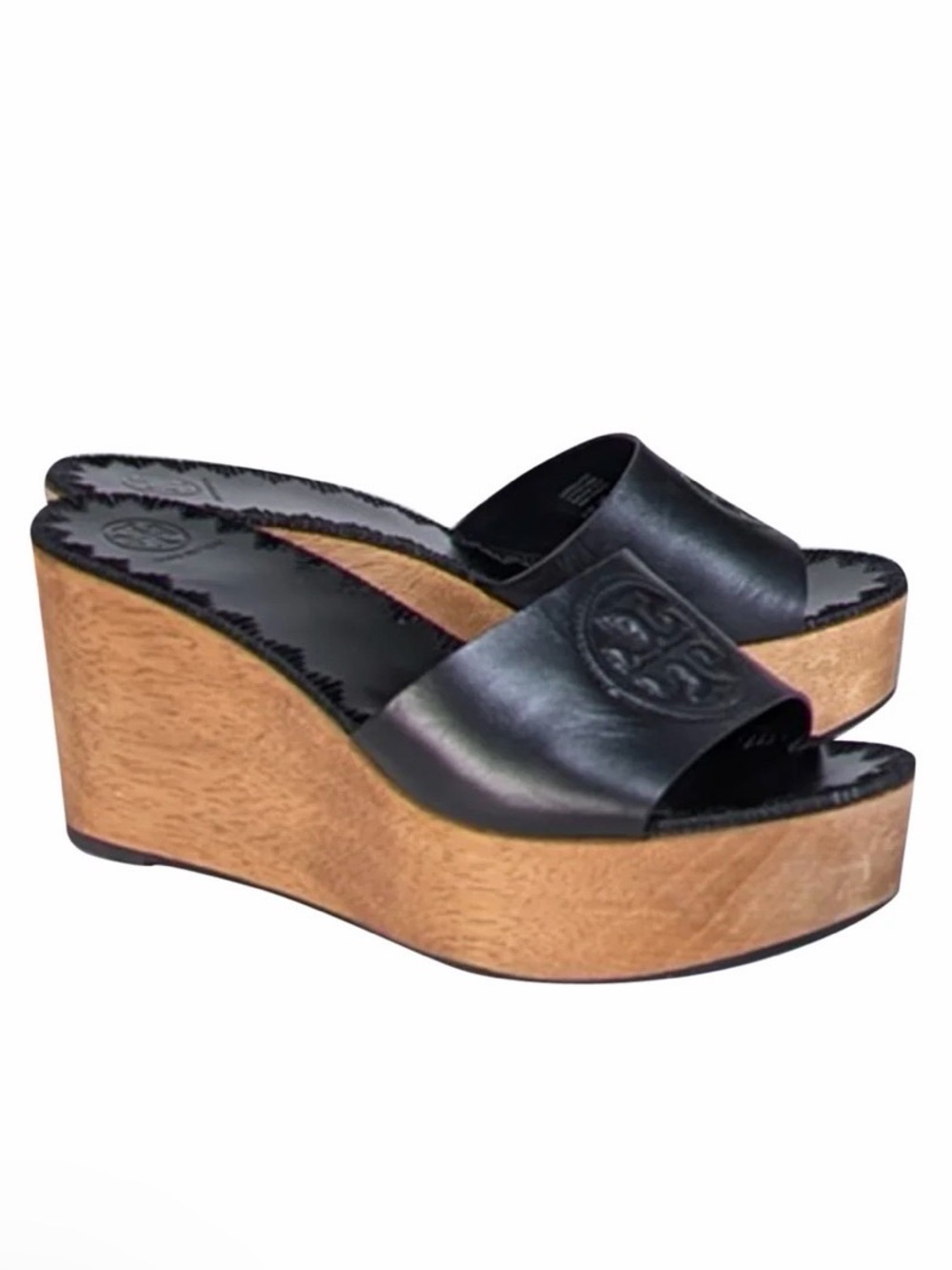 Tory Burch Patty Black Leather Slide Wedge with Wood-Effect Platform